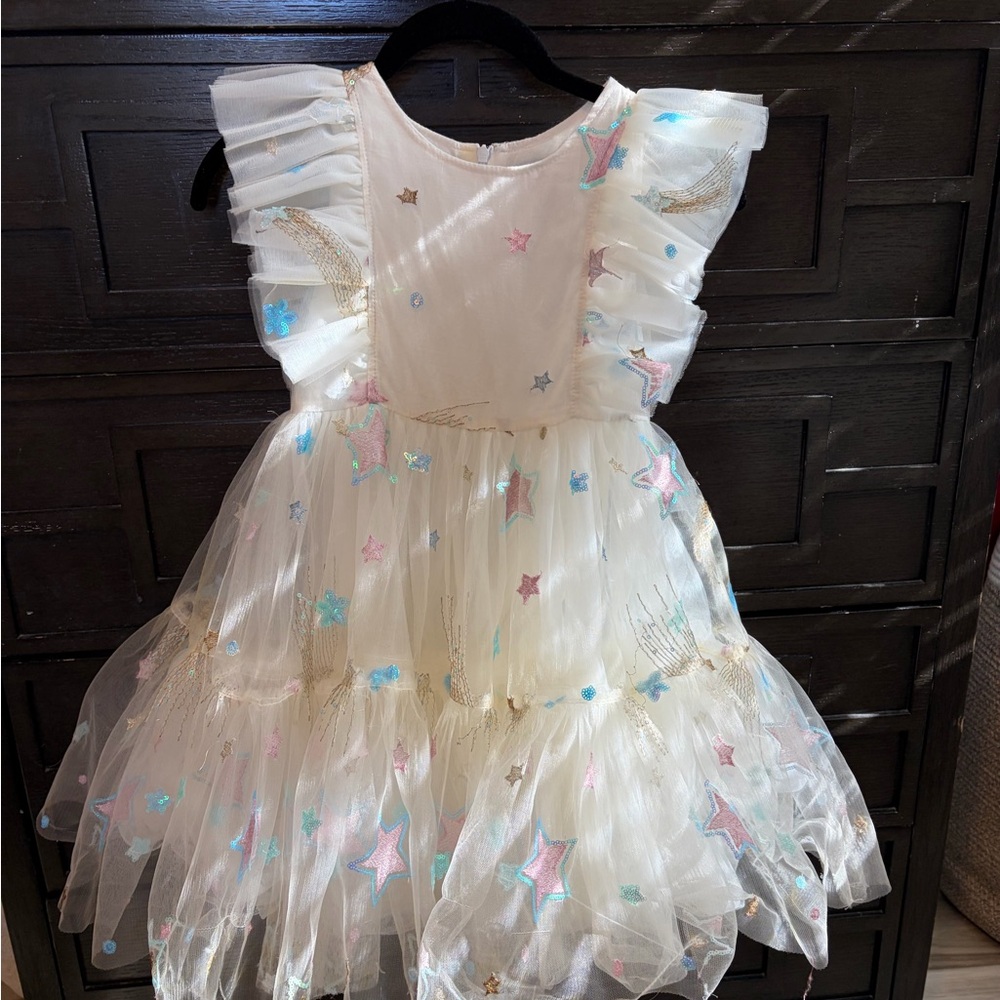 Lola + The Boys Ivory Tulle Dress with Pastel Star Embroidery